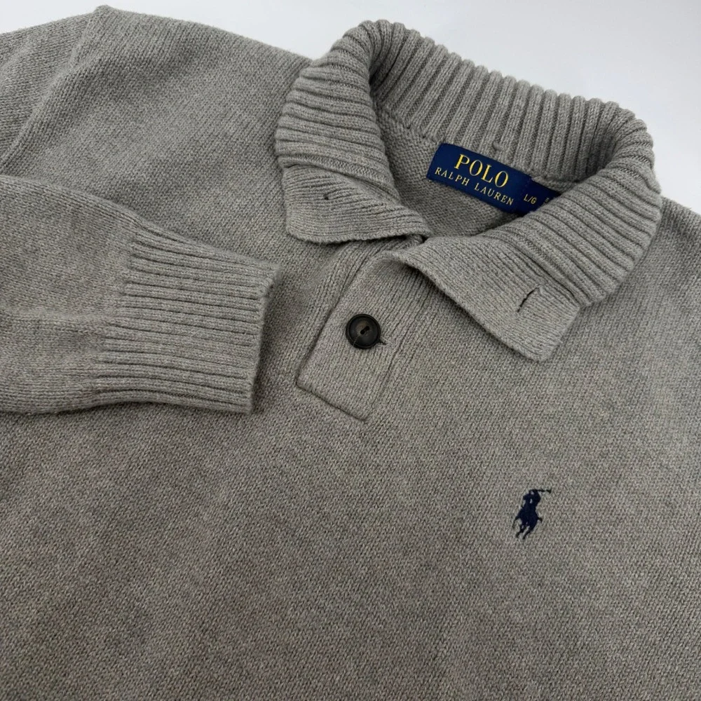 Polo Ralph Lauren Sweater Mens Large Grey Mock Neck Quarter Button Cotton Logo
